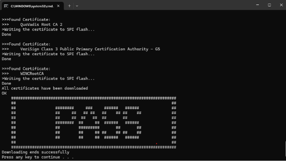 WINC1500 firmware update command window showing certificates written and downloading ends successfully