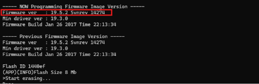 WINC1500 firmware version confirmation output showing Firmware ver 19.5.2 Svnrev 14274