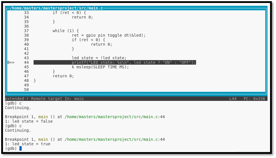 GDB TUI view showing source code at breakpoint on main.c line 44 with led_state values displayed