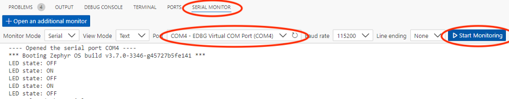 VSCode Serial Monitor tab showing LED state ON/OFF output from device