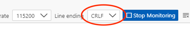 Serial Monitor settings panel showing CRLF line ending configuration
