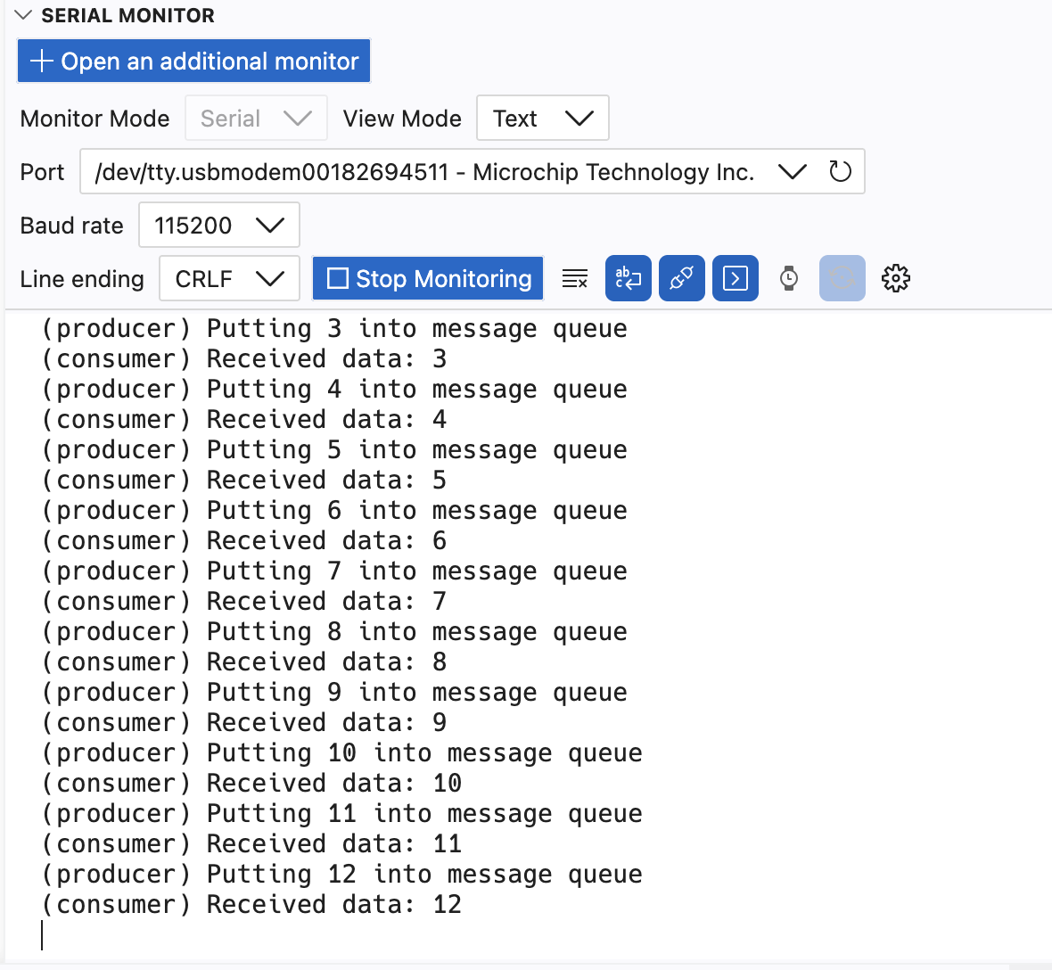 Serial monitor showing threads