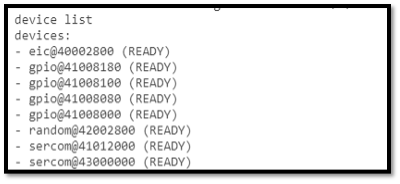 Shell output of device list showing all initialised drivers
