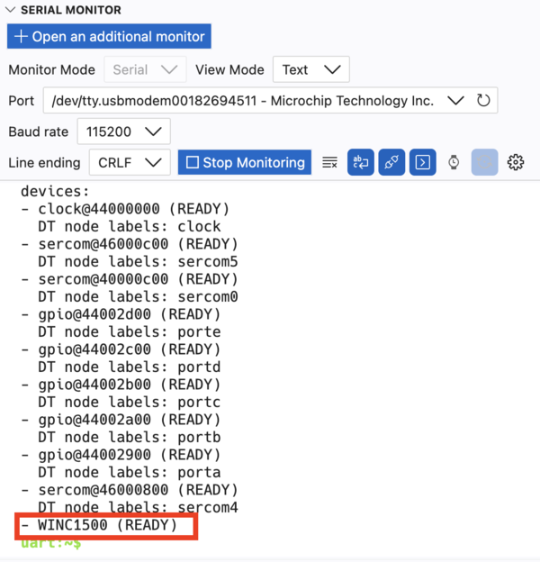 Shell device list output showing WINC1500 appearing as an initialised device