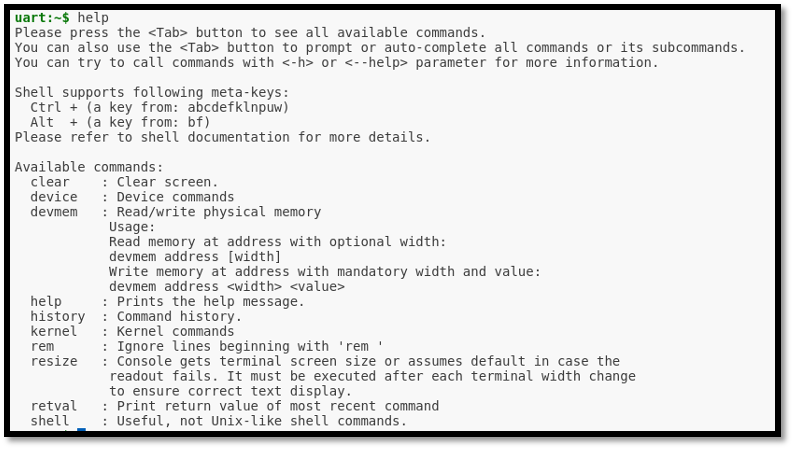 Zephyr shell help output listing available command modules