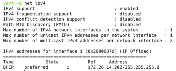 Shell net ipv4 output showing the assigned IPv4 address on the Wi-Fi interface