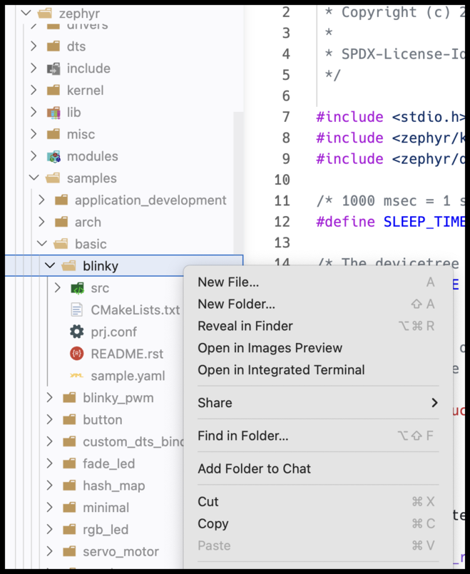 VSCode right-click context menu with Copy highlighted on blinky project files