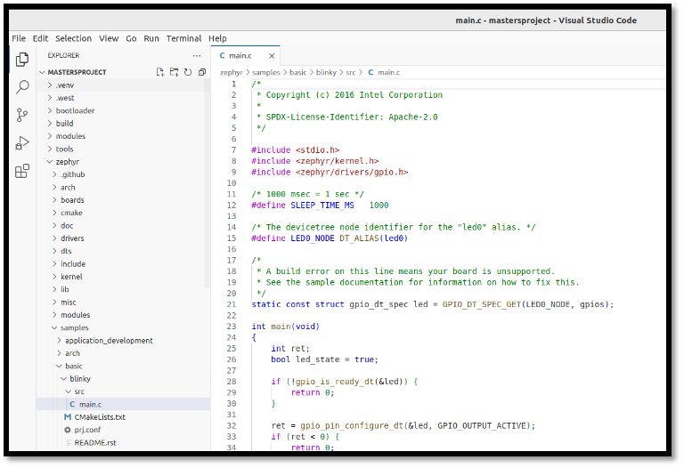 VSCode showing blinky main.c open with file tree expanded