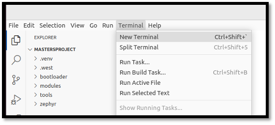 VSCode Terminal menu showing New Terminal option