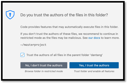 VSCode trust dialog asking whether to trust folder authors