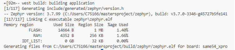 West build success output showing memory region usage