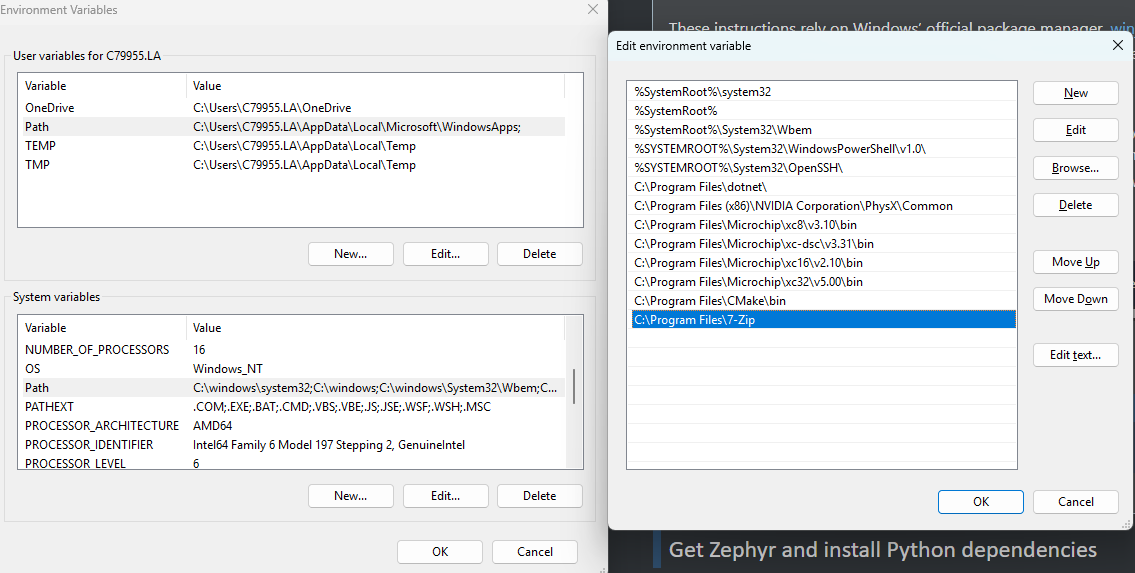 Windows Environment Variables dialog showing OpenOCD bin path added to Path